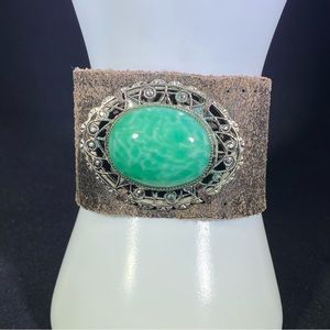 Turquoise Brooch and Leather Cuff Bracelet